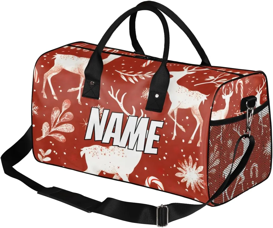 Personalized Christmas Elk Travel Duffel Bag with Name, Custom Gym Sport Bag Reindeer Red Carry On Weekend Overnight Duffel Bag for Men Women