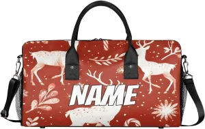 Personalized Christmas Elk Travel Duffel Bag with Name, Custom Gym Sport Bag Reindeer Red Carry On Weekend Overnight Duffel Bag for Men Women