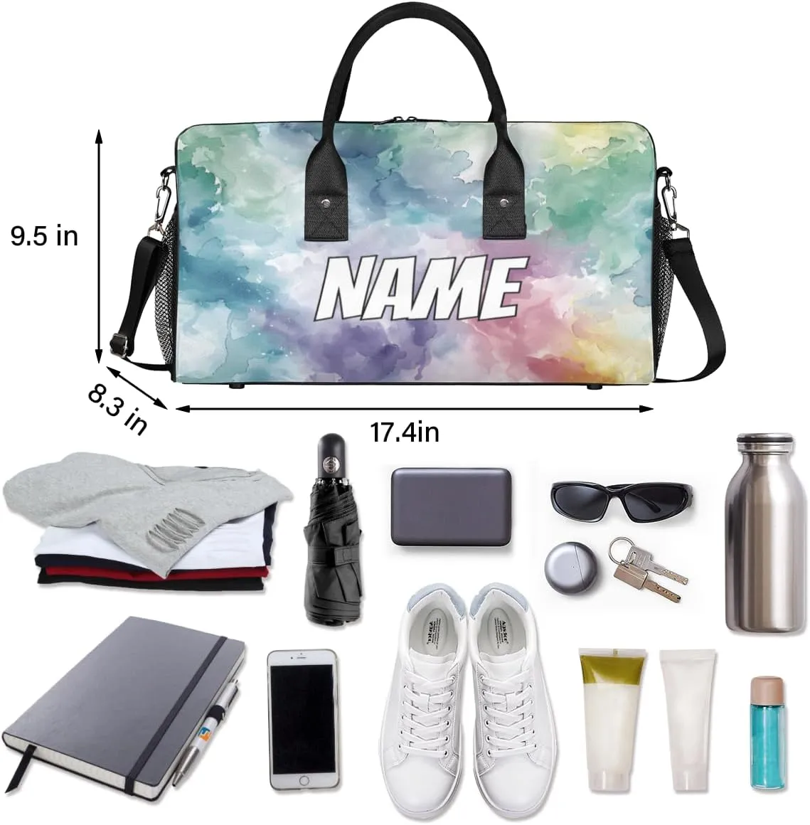 Personalized Colorful Fluid Travel Duffel Bag with Name, Custom Gym Sport Bag Abstract Art Carry On Weekend Overnight Duffel Bag for Men Women