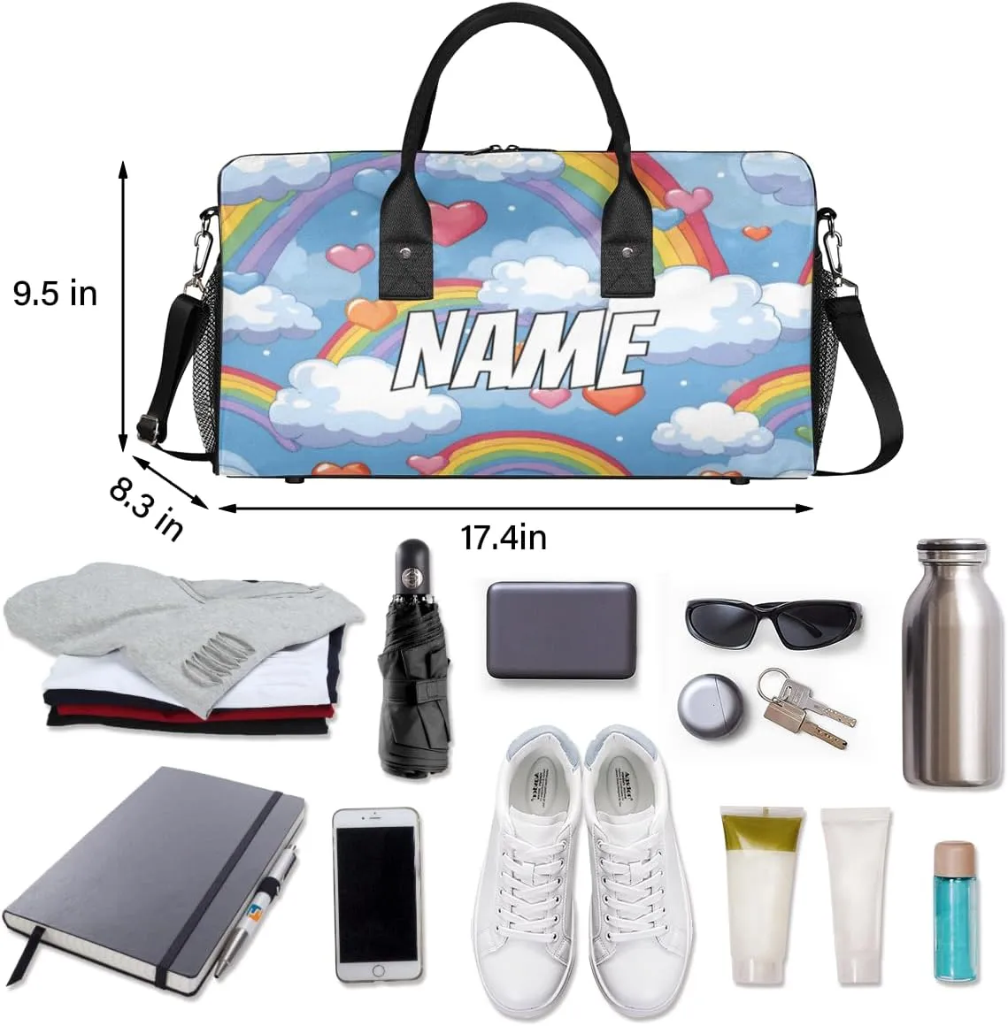 Personalized Colorful Rainbow Travel Duffel Bag with Name, Custom Gym Sport Bag Cute Heart Carry On Weekend Overnight Duffel Bag for Men Women