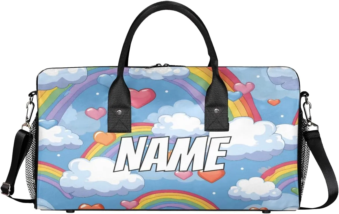 Personalized Colorful Rainbow Travel Duffel Bag with Name, Custom Gym Sport Bag Cute Heart Carry On Weekend Overnight Duffel Bag for Men Women