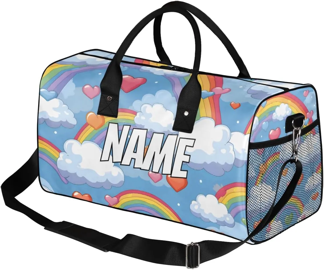 Personalized Colorful Rainbow Travel Duffel Bag with Name, Custom Gym Sport Bag Cute Heart Carry On Weekend Overnight Duffel Bag for Men Women