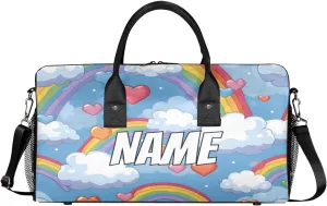 Personalized Colorful Rainbow Travel Duffel Bag with Name, Custom Gym Sport Bag Cute Heart Carry On Weekend Overnight Duffel Bag for Men Women
