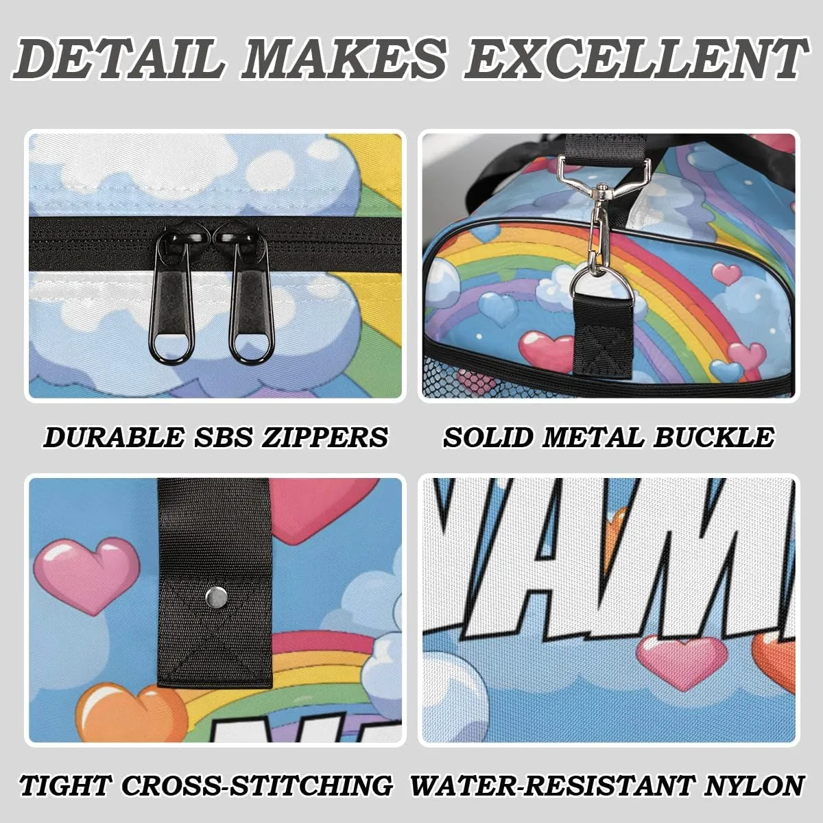Personalized Colorful Rainbow Travel Duffel Bag with Name, Custom Gym Sport Bag Cute Heart Carry On Weekend Overnight Duffel Bag for Men Women