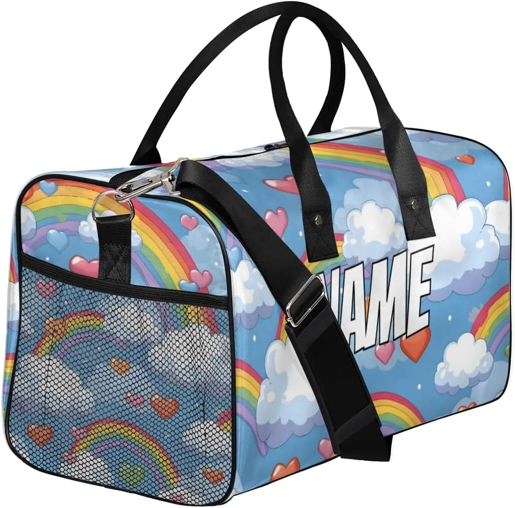 Personalized Colorful Rainbow Travel Duffel Bag with Name, Custom Gym Sport Bag Cute Heart Carry On Weekend Overnight Duffel Bag for Men Women