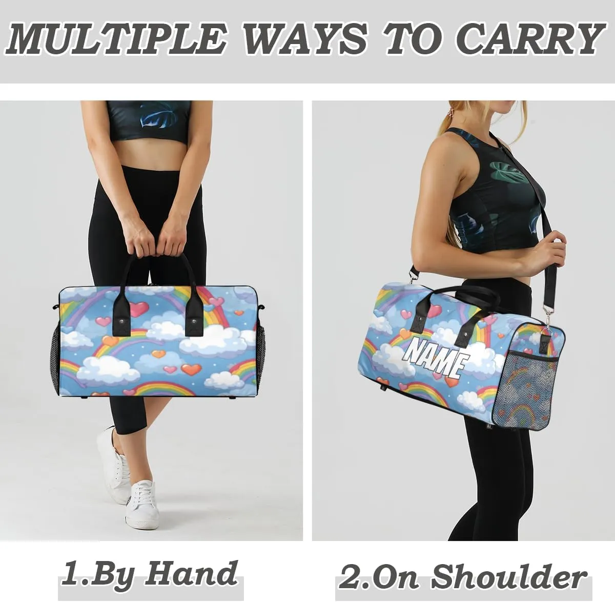 Personalized Colorful Rainbow Travel Duffel Bag with Name, Custom Gym Sport Bag Cute Heart Carry On Weekend Overnight Duffel Bag for Men Women