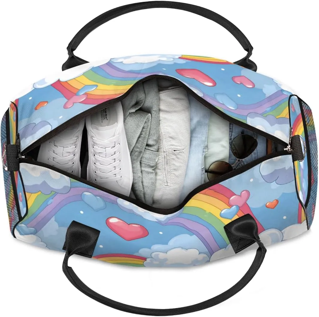 Personalized Colorful Rainbow Travel Duffel Bag with Name, Custom Gym Sport Bag Cute Heart Carry On Weekend Overnight Duffel Bag for Men Women
