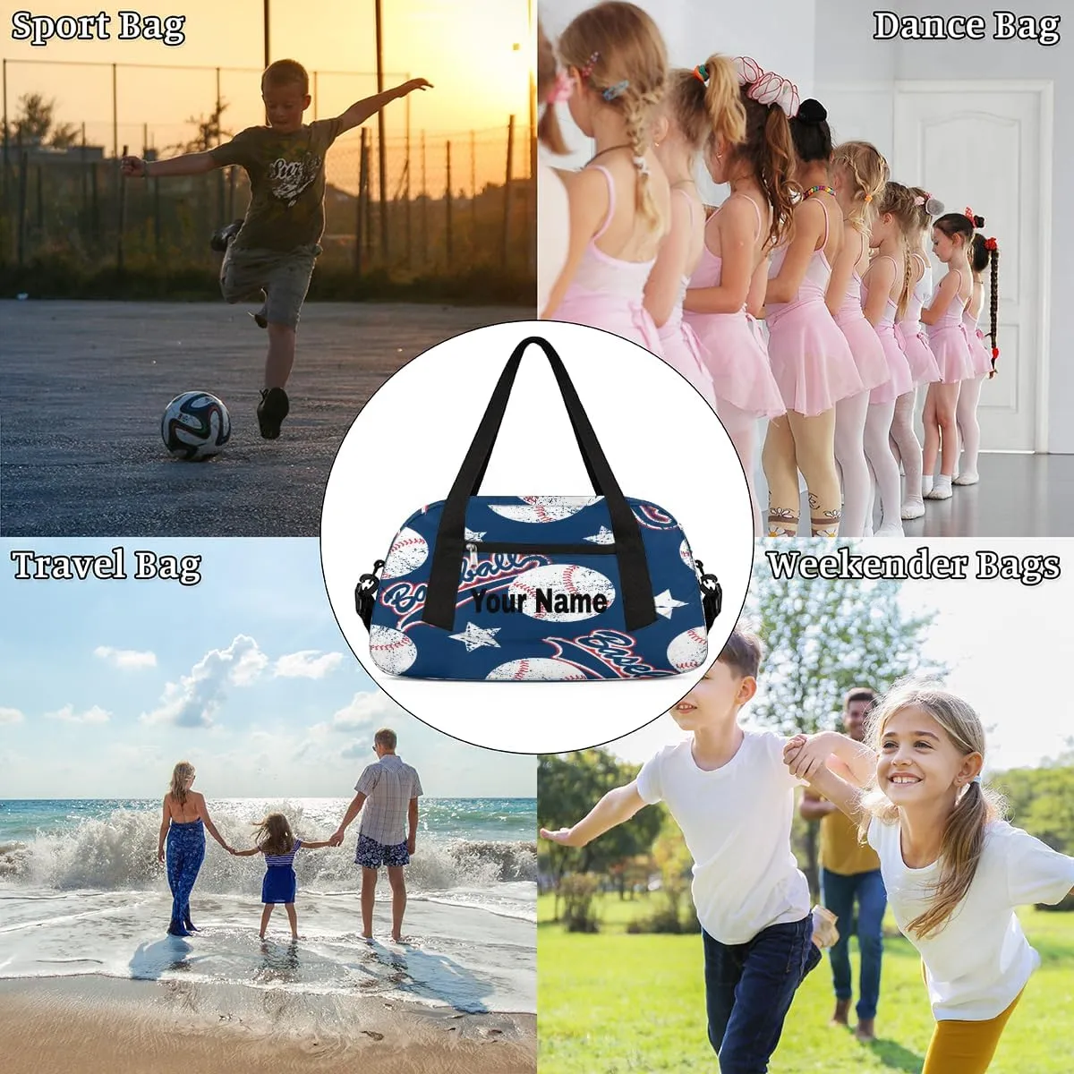 Personalized Creative Baseball Sport Duffel Bag Custom Name Kids Gym Bags Carry On Travel Bag Weekender Overnight Bag for Boys Girls Teens