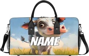 Personalized Cute Cow Travel Duffel Bag with Name, Custom Gym Sport Bag Watercolor Catoon Carry On Weekend Overnight Duffel Bag for Men Women
