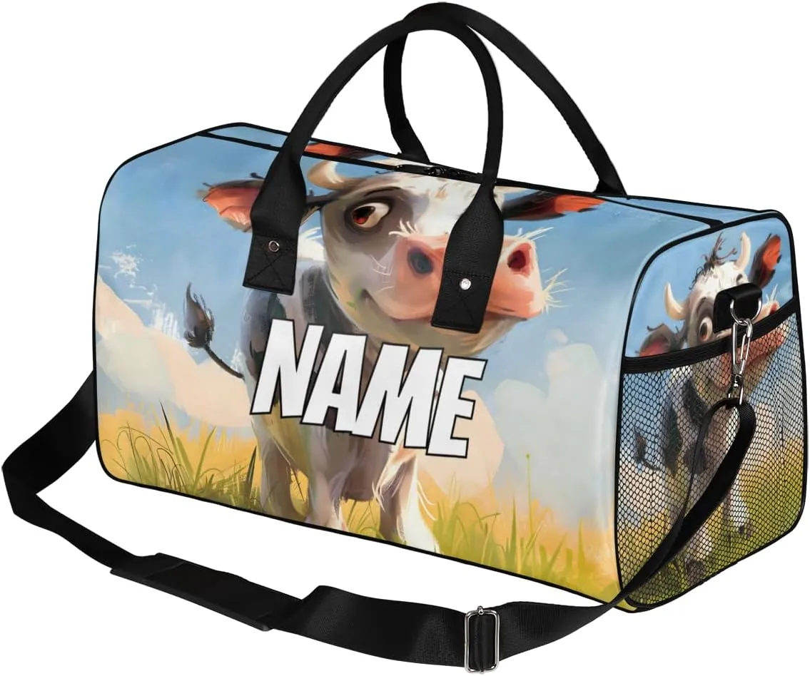 Personalized Cute Cow Travel Duffel Bag with Name, Custom Gym Sport Bag Watercolor Catoon Carry On Weekend Overnight Duffel Bag for Men Women