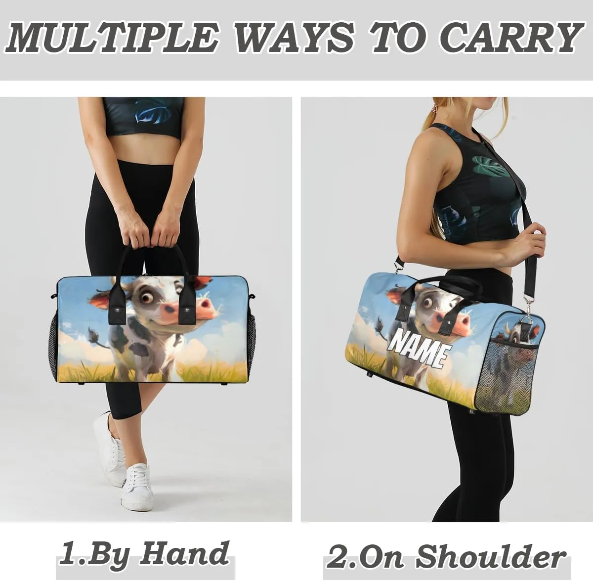 Personalized Cute Cow Travel Duffel Bag with Name, Custom Gym Sport Bag Watercolor Catoon Carry On Weekend Overnight Duffel Bag for Men Women