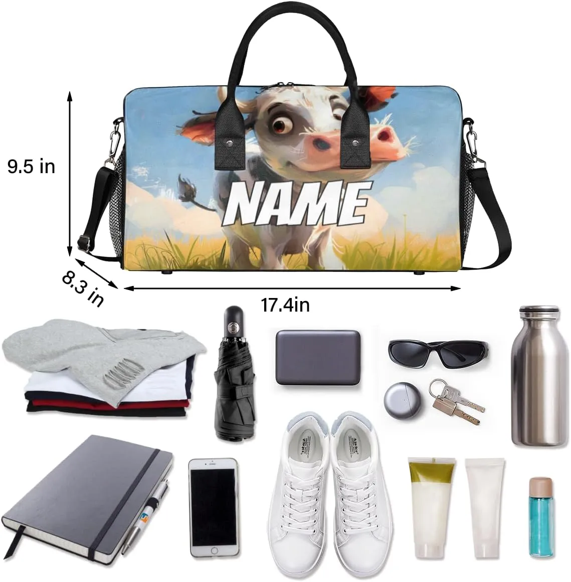 Personalized Cute Cow Travel Duffel Bag with Name, Custom Gym Sport Bag Watercolor Catoon Carry On Weekend Overnight Duffel Bag for Men Women