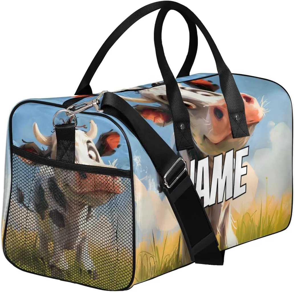 Personalized Cute Cow Travel Duffel Bag with Name, Custom Gym Sport Bag Watercolor Catoon Carry On Weekend Overnight Duffel Bag for Men Women