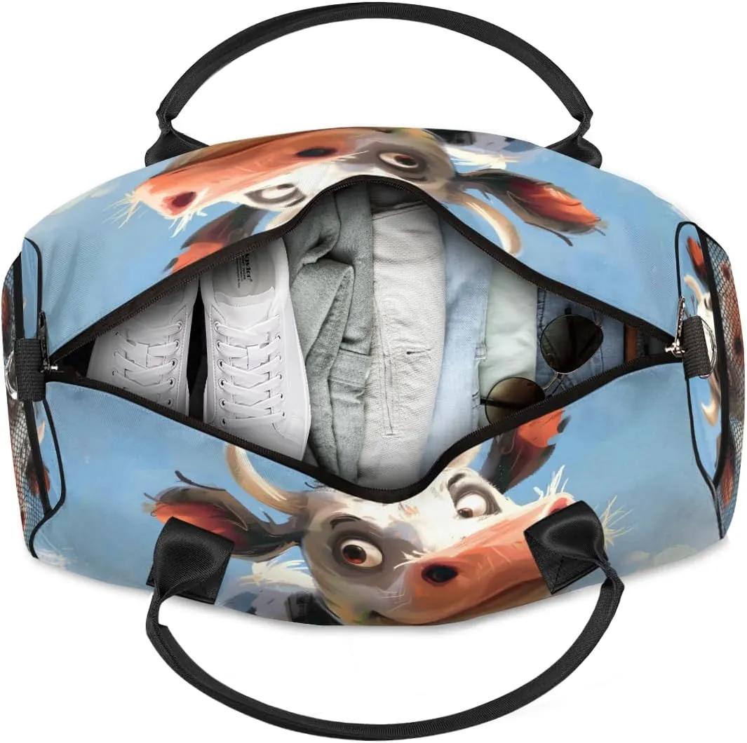 Personalized Cute Cow Travel Duffel Bag with Name, Custom Gym Sport Bag Watercolor Catoon Carry On Weekend Overnight Duffel Bag for Men Women