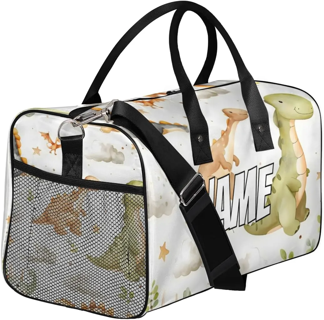 Personalized Cute Dinosaurs Travel Duffel Bag with Name, Custom Gym Sport Bag Funny Cartoon Carry On Weekend Overnight Duffel Bag for Men Women