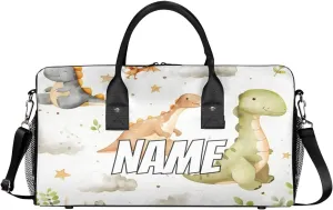 Personalized Cute Dinosaurs Travel Duffel Bag with Name, Custom Gym Sport Bag Funny Cartoon Carry On Weekend Overnight Duffel Bag for Men Women