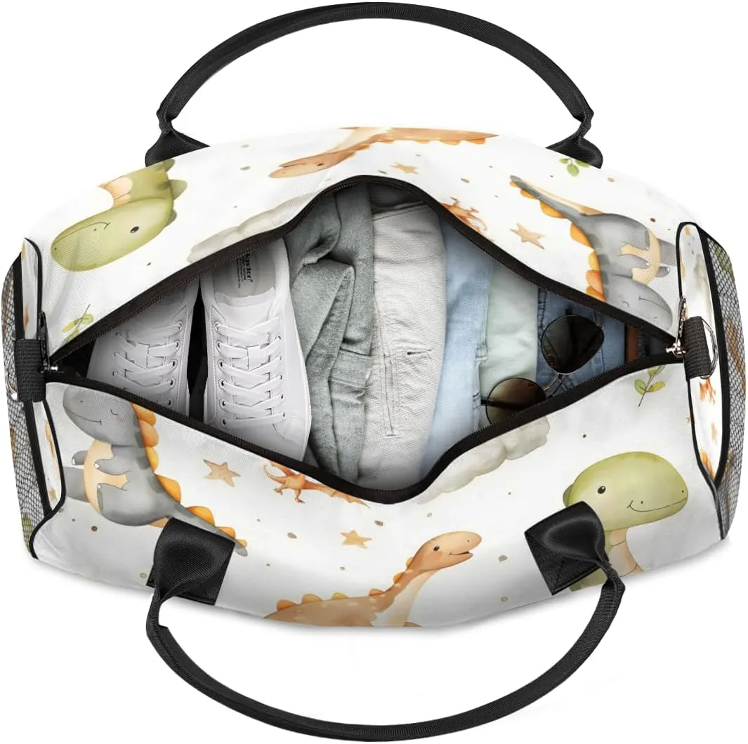 Personalized Cute Dinosaurs Travel Duffel Bag with Name, Custom Gym Sport Bag Funny Cartoon Carry On Weekend Overnight Duffel Bag for Men Women