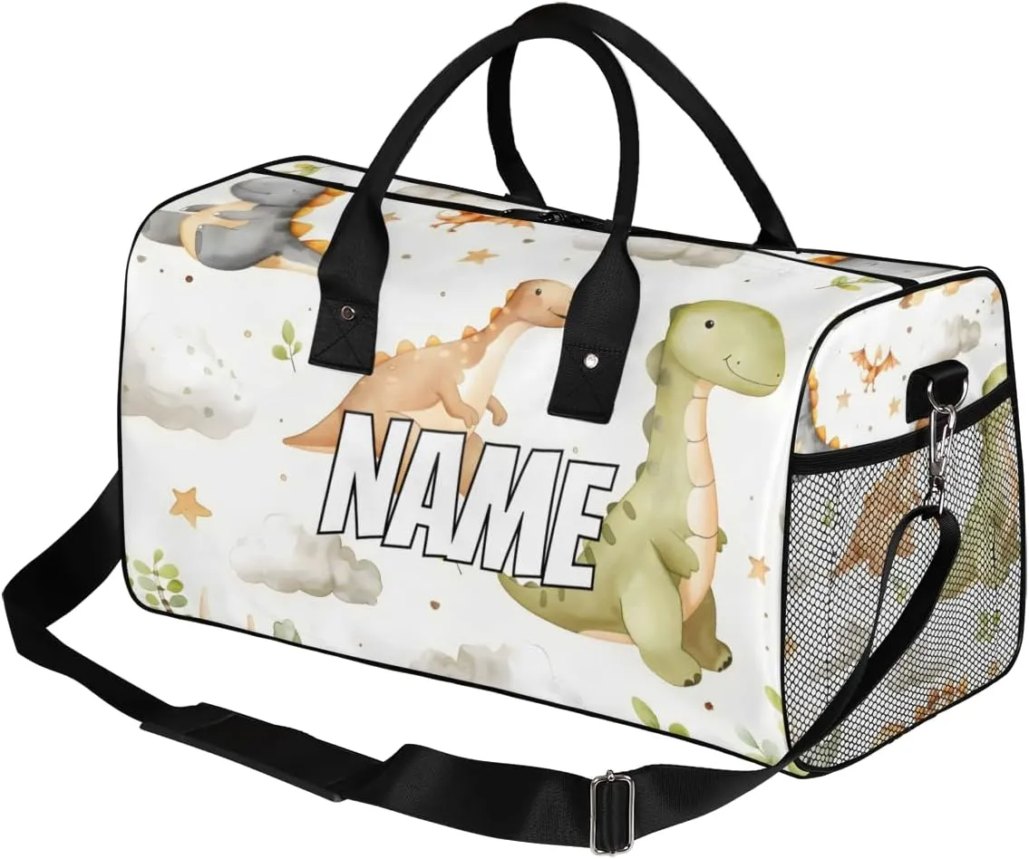 Personalized Cute Dinosaurs Travel Duffel Bag with Name, Custom Gym Sport Bag Funny Cartoon Carry On Weekend Overnight Duffel Bag for Men Women