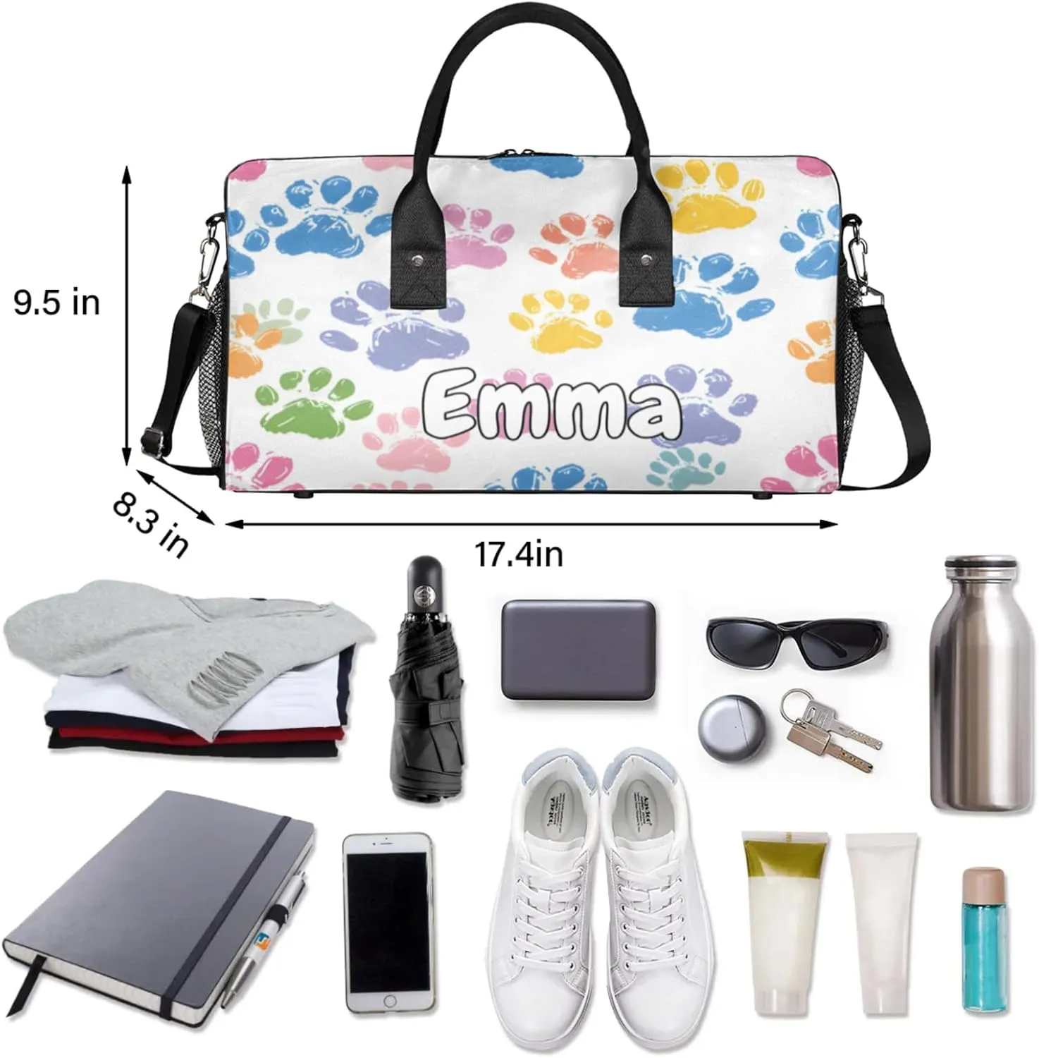 Personalized Cute Dog Paw Travel Duffel Bag with Name, Custom Gym Sport Bag Cat Paws Carry On Weekend Overnight Duffel Bag for Men Women