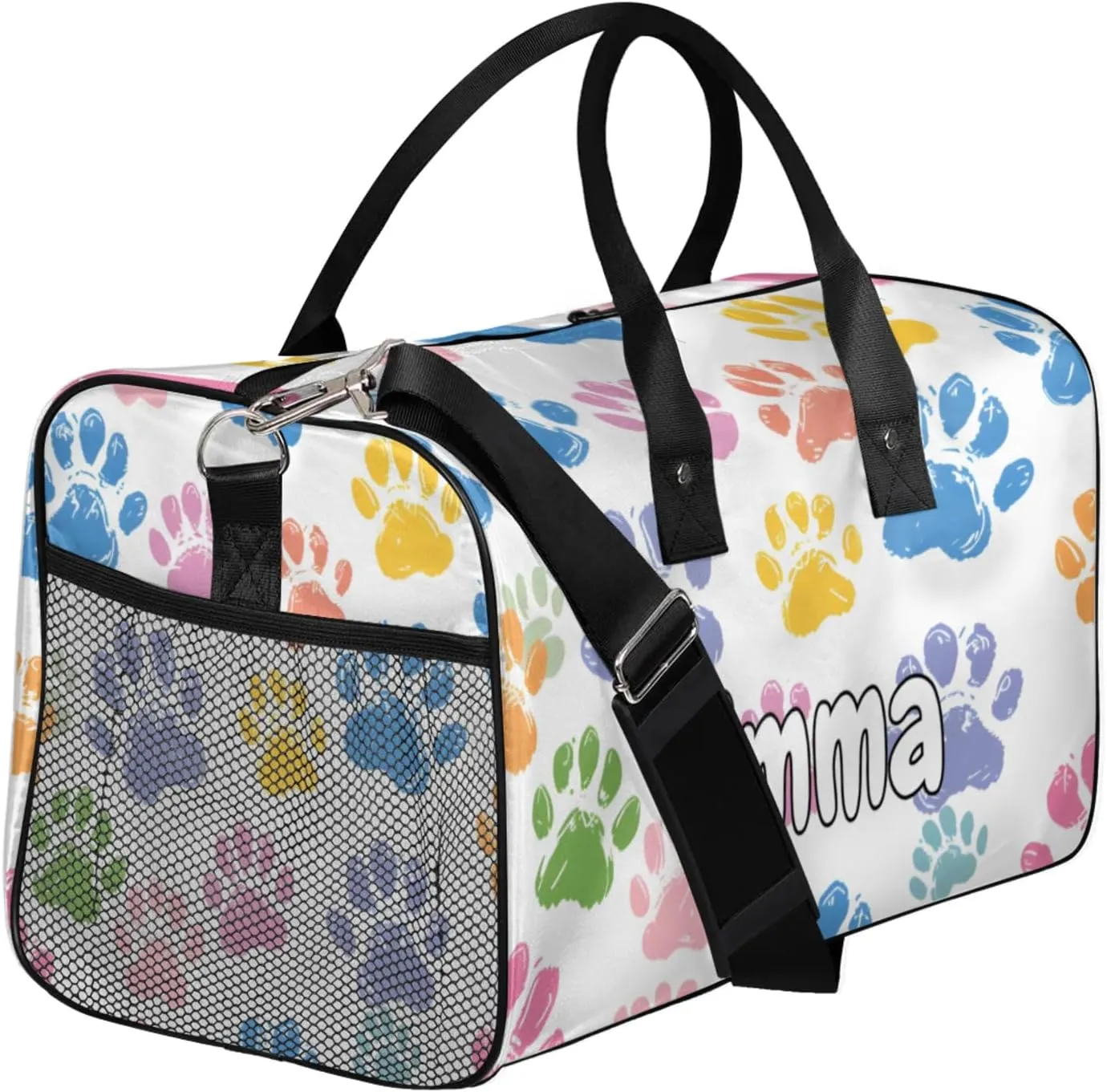 Personalized Cute Dog Paw Travel Duffel Bag with Name, Custom Gym Sport Bag Cat Paws Carry On Weekend Overnight Duffel Bag for Men Women