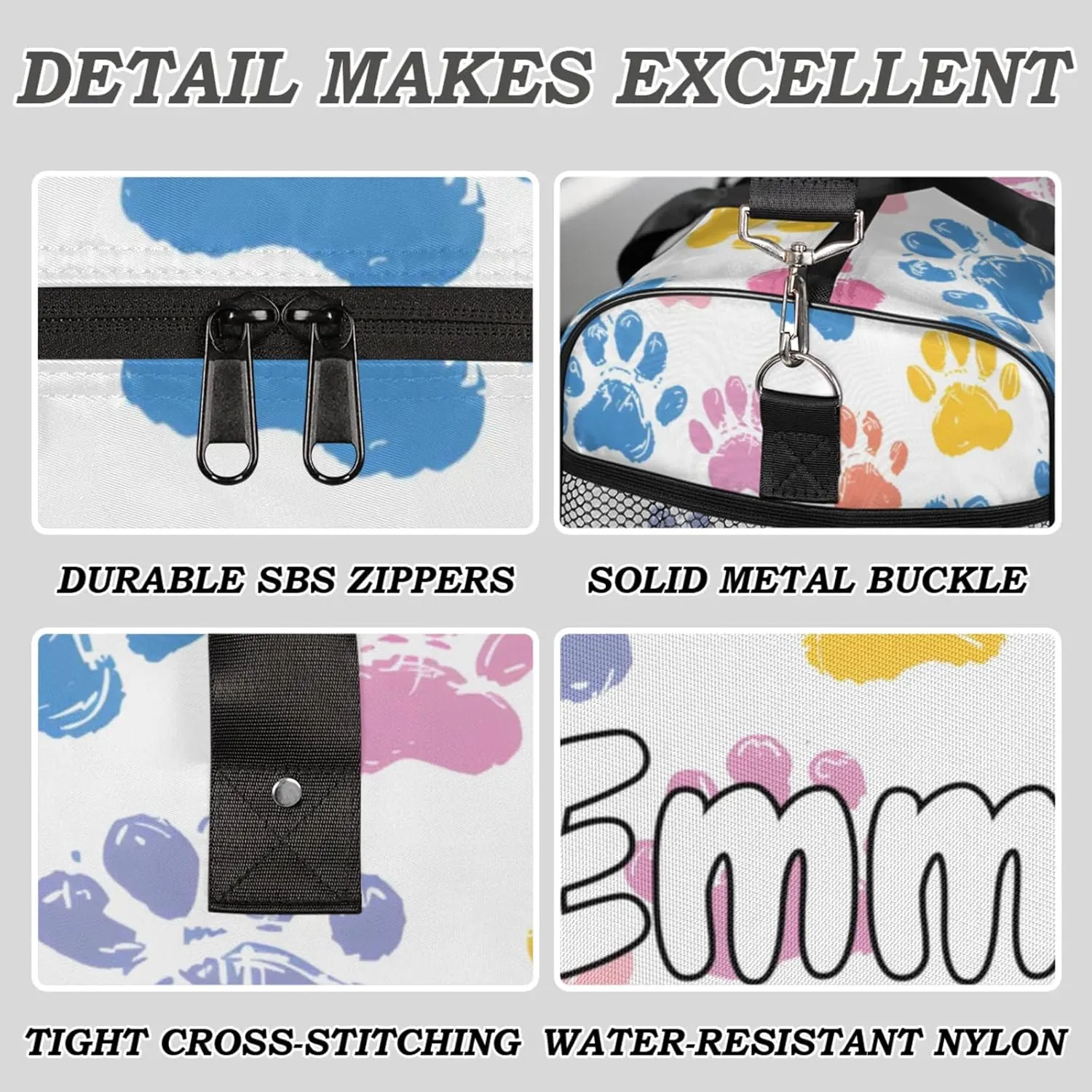 Personalized Cute Dog Paw Travel Duffel Bag with Name, Custom Gym Sport Bag Cat Paws Carry On Weekend Overnight Duffel Bag for Men Women