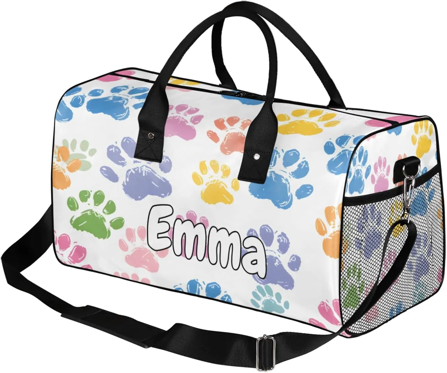 Personalized Cute Dog Paw Travel Duffel Bag with Name, Custom Gym Sport Bag Cat Paws Carry On Weekend Overnight Duffel Bag for Men Women