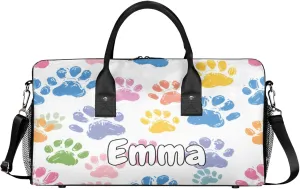 Personalized Cute Dog Paw Travel Duffel Bag with Name, Custom Gym Sport Bag Cat Paws Carry On Weekend Overnight Duffel Bag for Men Women
