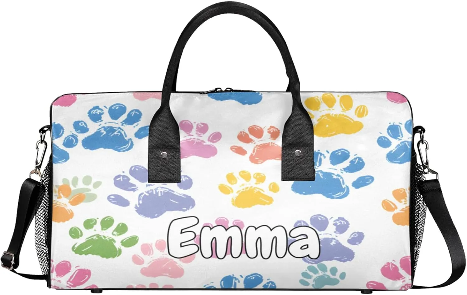 Personalized Cute Dog Paw Travel Duffel Bag with Name, Custom Gym Sport Bag Cat Paws Carry On Weekend Overnight Duffel Bag for Men Women