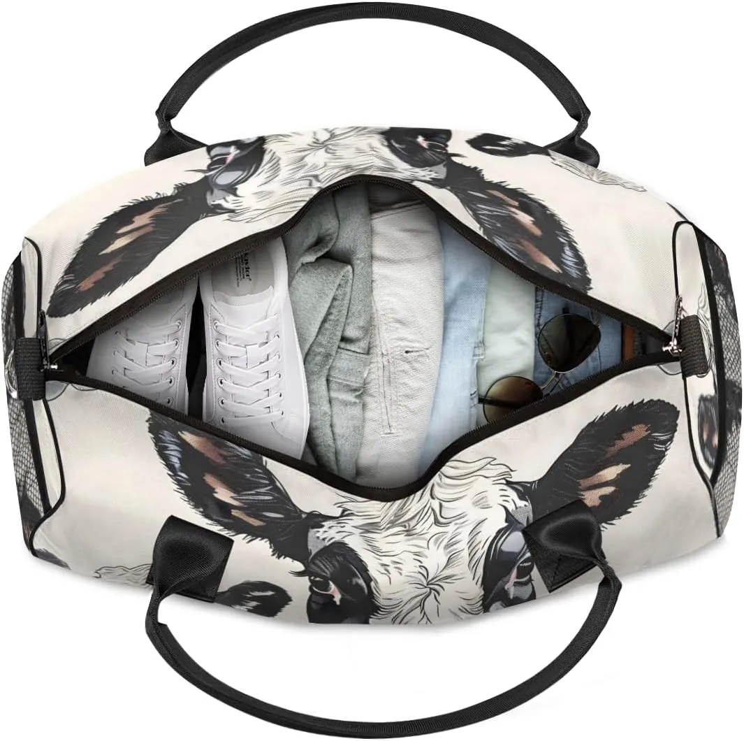 Personalized Cute Milk Cow Travel Duffel Bag with Name, Custom Gym Sport Bag Farmhouse Rustic Carry On Weekend Overnight Duffel Bag for Men Women