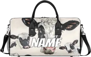 Personalized Cute Milk Cow Travel Duffel Bag with Name, Custom Gym Sport Bag Farmhouse Rustic Carry On Weekend Overnight Duffel Bag for Men Women