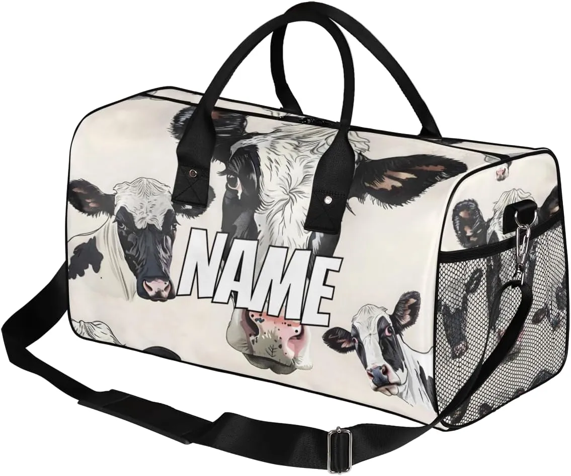 Personalized Cute Milk Cow Travel Duffel Bag with Name, Custom Gym Sport Bag Farmhouse Rustic Carry On Weekend Overnight Duffel Bag for Men Women