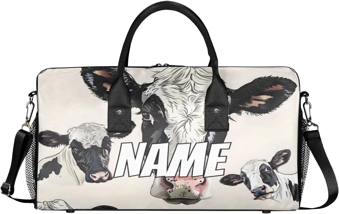 Personalized Cute Milk Cow Travel Duffel Bag with Name, Custom Gym Sport Bag Farmhouse Rustic Carry On Weekend Overnight Duffel Bag for Men Women