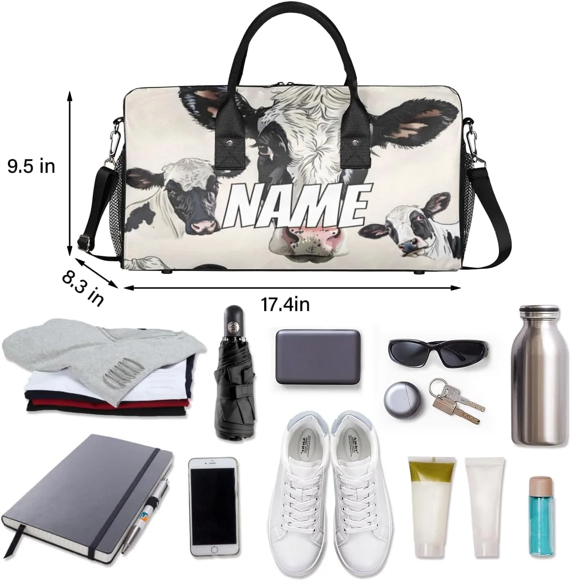 Personalized Cute Milk Cow Travel Duffel Bag with Name, Custom Gym Sport Bag Farmhouse Rustic Carry On Weekend Overnight Duffel Bag for Men Women