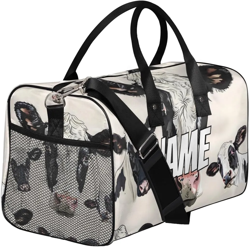 Personalized Cute Milk Cow Travel Duffel Bag with Name, Custom Gym Sport Bag Farmhouse Rustic Carry On Weekend Overnight Duffel Bag for Men Women