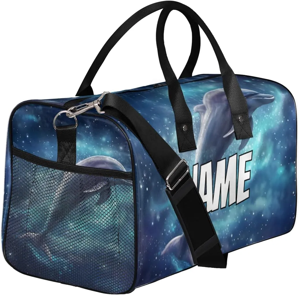 Personalized Dolphin Galaxy Travel Duffel Bag with Name, Custom Gym Sport Bag Jumping Dolphins Carry On Weekend Overnight Duffel Bag for Men Women