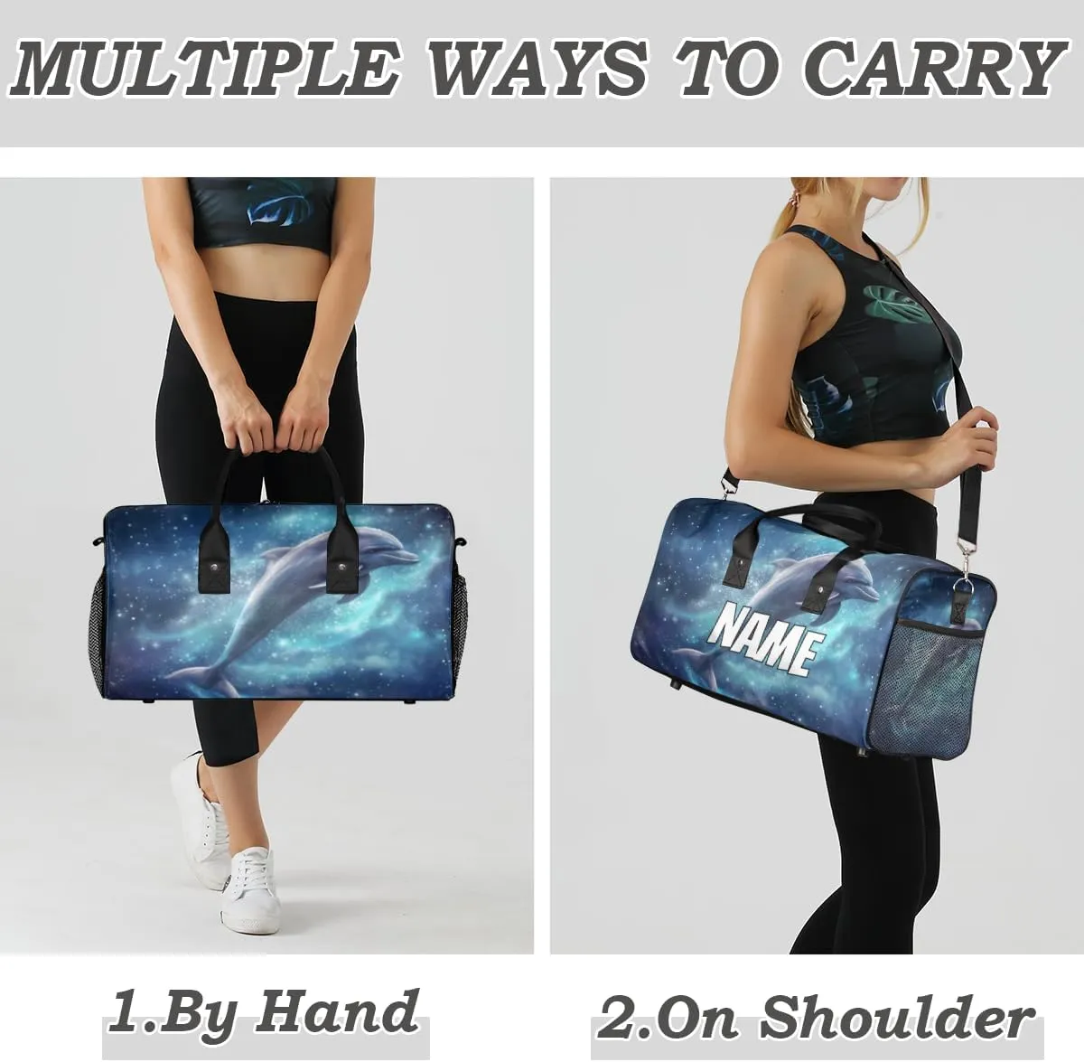 Personalized Dolphin Galaxy Travel Duffel Bag with Name, Custom Gym Sport Bag Jumping Dolphins Carry On Weekend Overnight Duffel Bag for Men Women