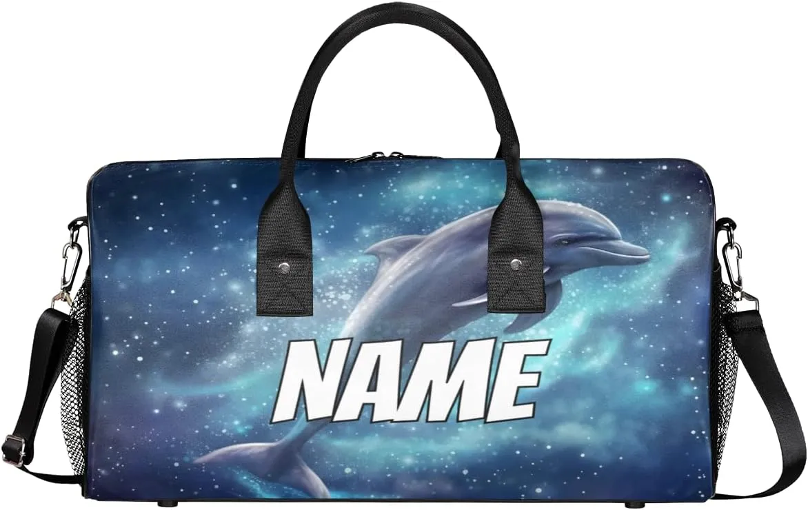 Personalized Dolphin Galaxy Travel Duffel Bag with Name, Custom Gym Sport Bag Jumping Dolphins Carry On Weekend Overnight Duffel Bag for Men Women