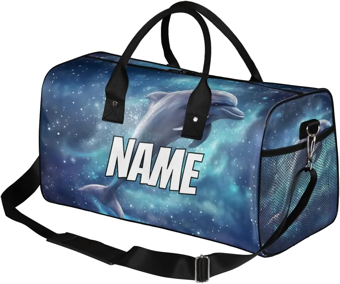 Personalized Dolphin Galaxy Travel Duffel Bag with Name, Custom Gym Sport Bag Jumping Dolphins Carry On Weekend Overnight Duffel Bag for Men Women