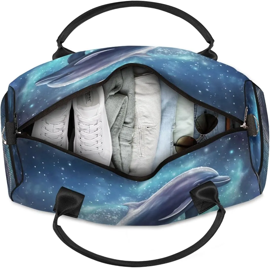Personalized Dolphin Galaxy Travel Duffel Bag with Name, Custom Gym Sport Bag Jumping Dolphins Carry On Weekend Overnight Duffel Bag for Men Women