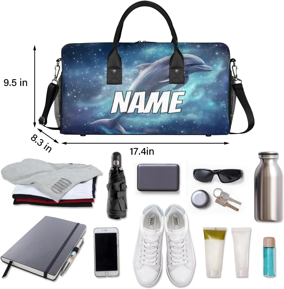 Personalized Dolphin Galaxy Travel Duffel Bag with Name, Custom Gym Sport Bag Jumping Dolphins Carry On Weekend Overnight Duffel Bag for Men Women