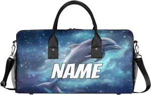 Personalized Dolphin Galaxy Travel Duffel Bag with Name, Custom Gym Sport Bag Jumping Dolphins Carry On Weekend Overnight Duffel Bag for Men Women