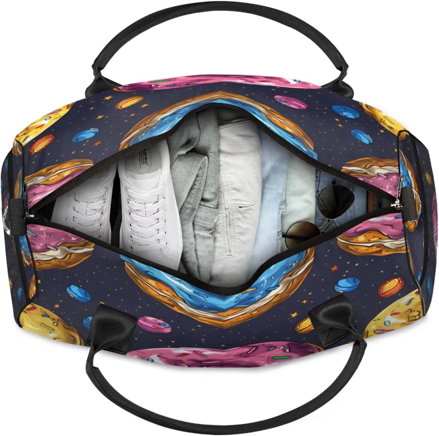 Personalized Donuts Dessert Travel Duffel Bag with Name, Custom Gym Sport Bag Colorful Carry On Weekend Overnight Duffel Bag for Men Women
