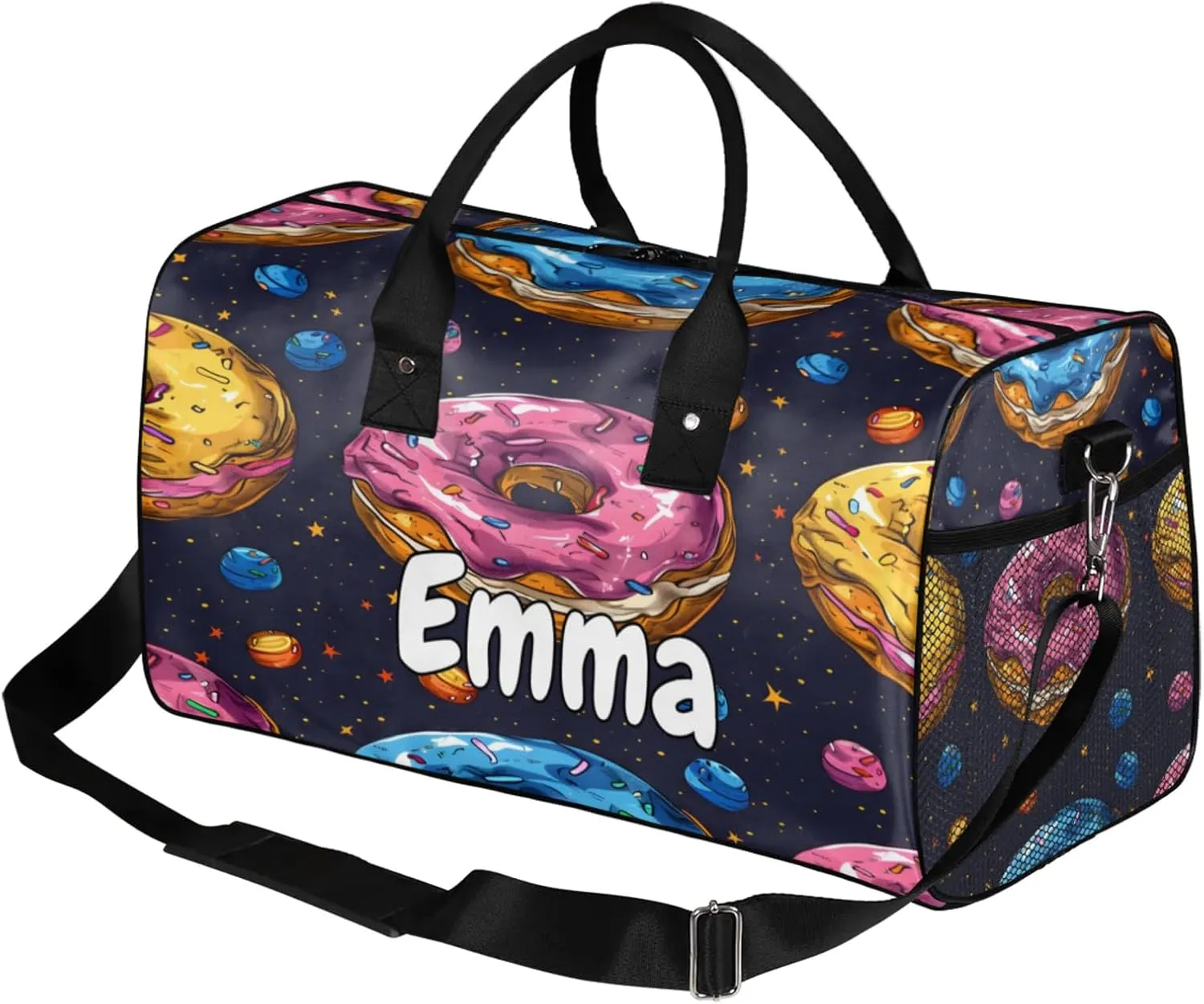 Personalized Donuts Dessert Travel Duffel Bag with Name, Custom Gym Sport Bag Colorful Carry On Weekend Overnight Duffel Bag for Men Women