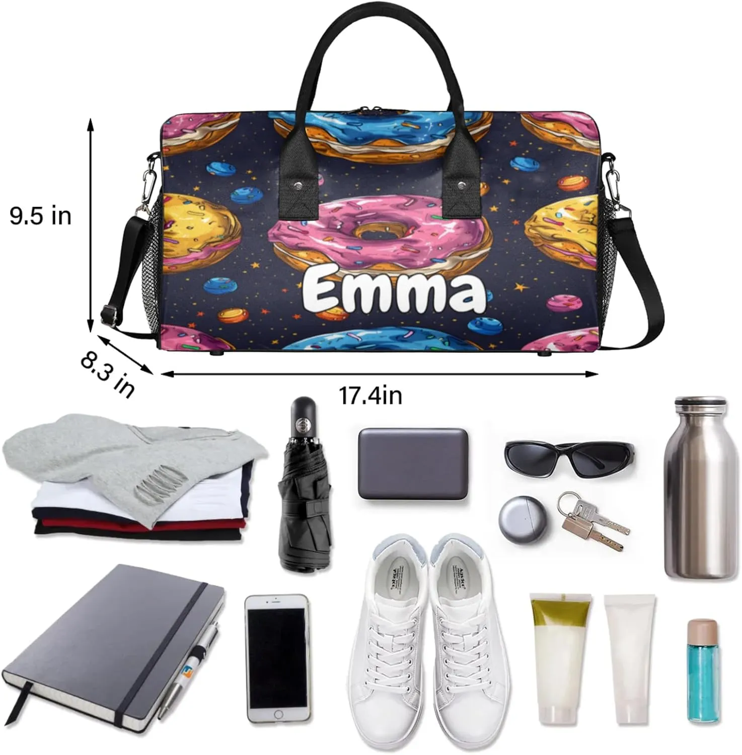 Personalized Donuts Dessert Travel Duffel Bag with Name, Custom Gym Sport Bag Colorful Carry On Weekend Overnight Duffel Bag for Men Women