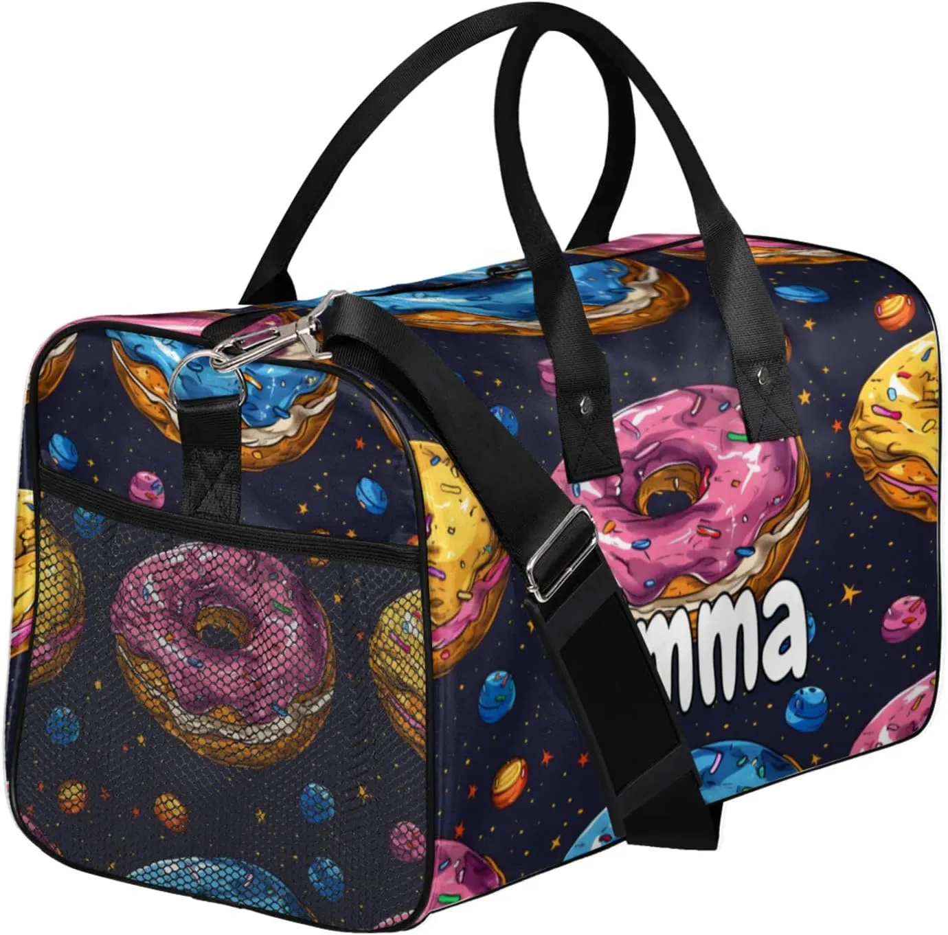 Personalized Donuts Dessert Travel Duffel Bag with Name, Custom Gym Sport Bag Colorful Carry On Weekend Overnight Duffel Bag for Men Women