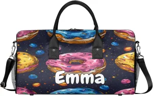 Personalized Donuts Dessert Travel Duffel Bag with Name, Custom Gym Sport Bag Colorful Carry On Weekend Overnight Duffel Bag for Men Women