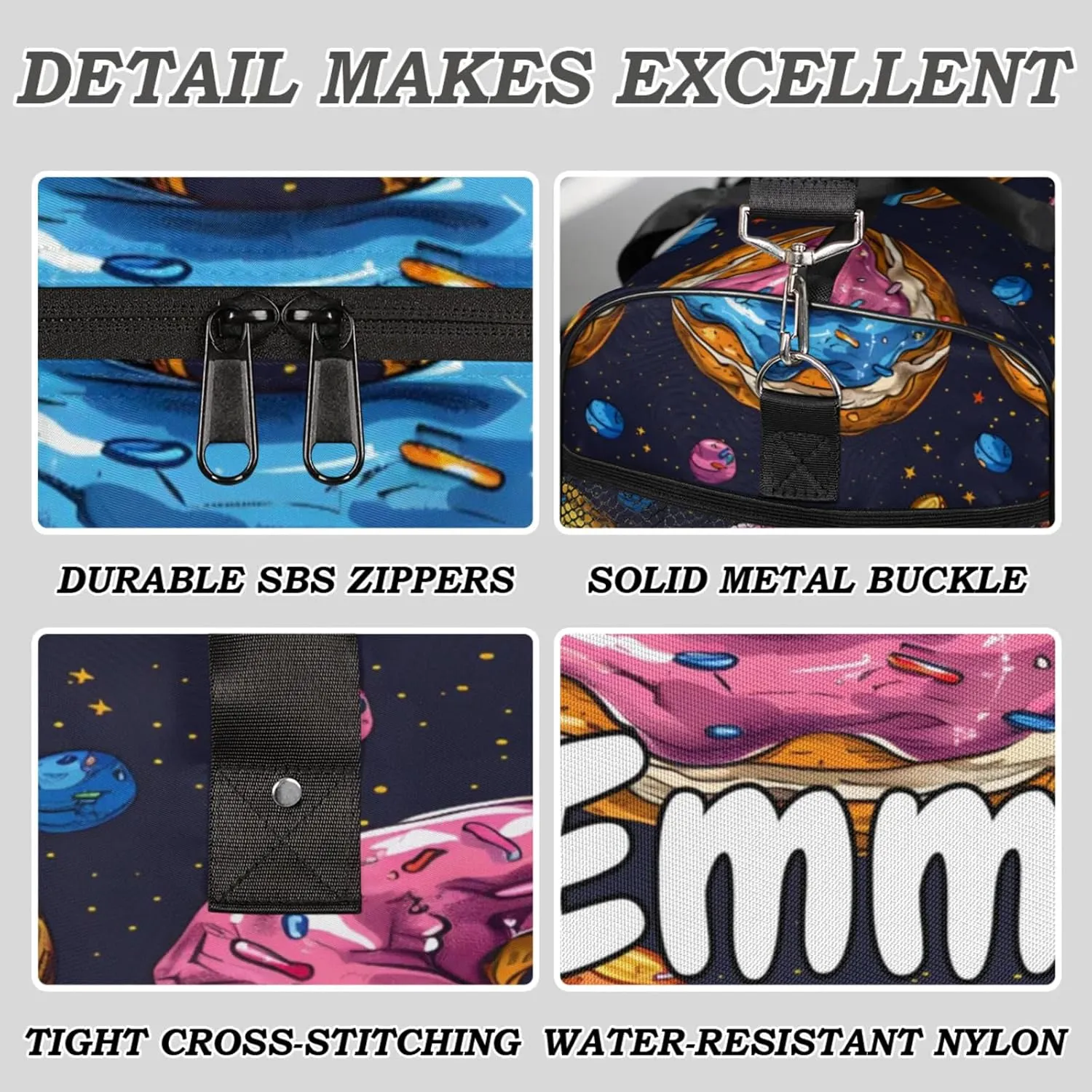 Personalized Donuts Dessert Travel Duffel Bag with Name, Custom Gym Sport Bag Colorful Carry On Weekend Overnight Duffel Bag for Men Women