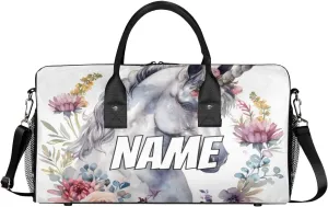 Personalized Flower Unicorn Travel Duffel Bag with Name, Custom Gym Sport Bag Modern Watercolor Carry On Weekend Overnight Duffel Bag for Men Women