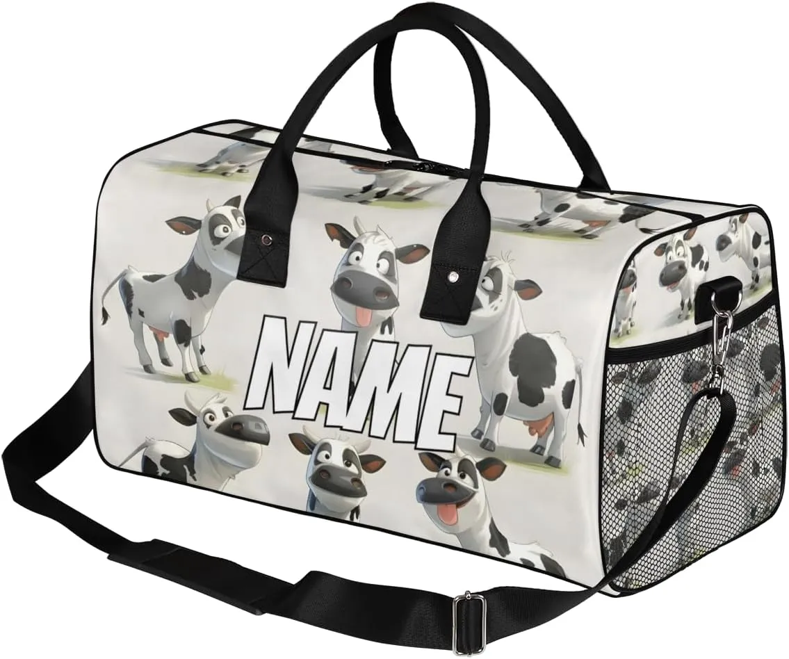 Personalized Funny Cow Travel Duffel Bag with Name, Custom Gym Sport Bag Farmhouse Animal Carry On Weekend Overnight Duffel Bag for Men Women