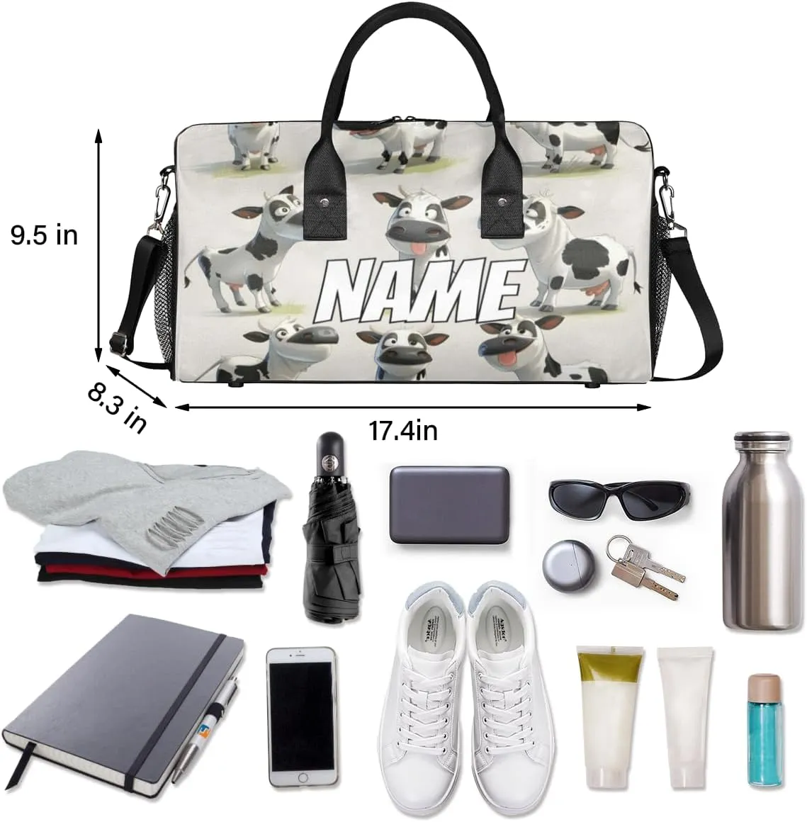 Personalized Funny Cow Travel Duffel Bag with Name, Custom Gym Sport Bag Farmhouse Animal Carry On Weekend Overnight Duffel Bag for Men Women